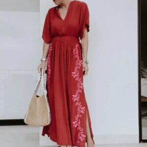 Knox Rose Red Long Sleeve Dress with Pink embroidered accents